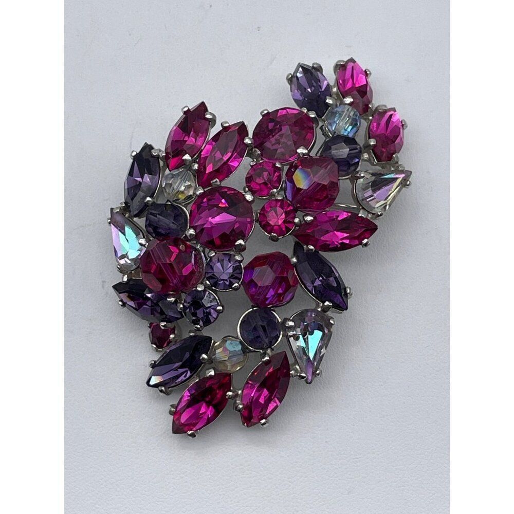 Vintage Rhinestone Signed Schiaparelli Brooch Pink & Purple Silver-tone Rare